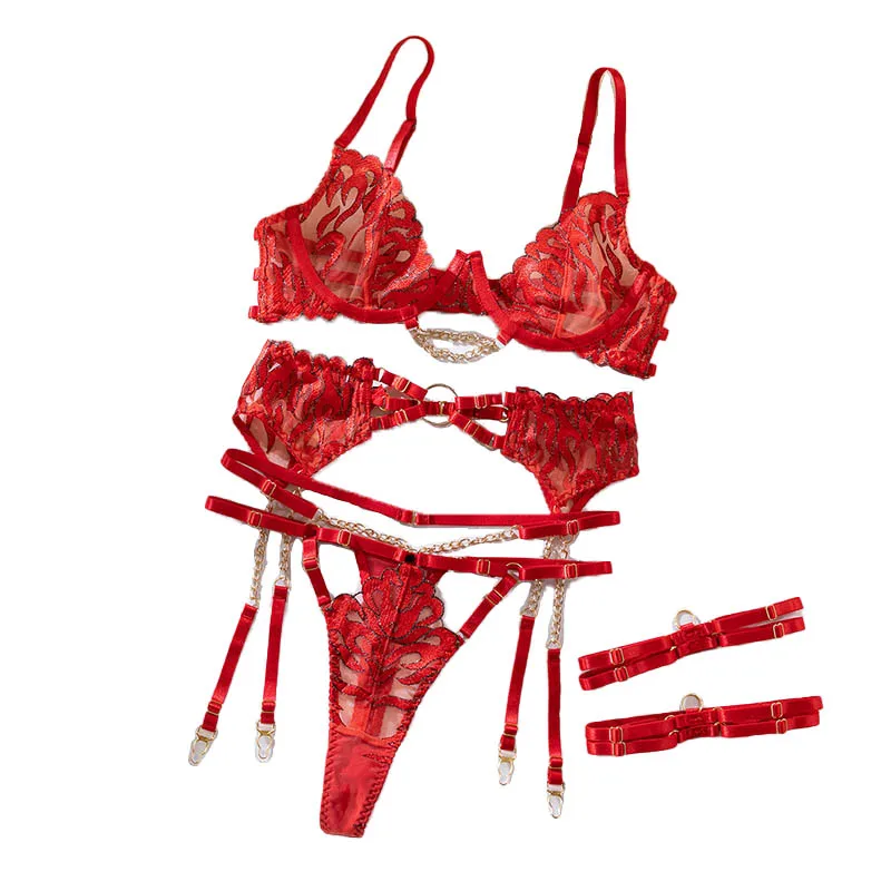 

Красное кружевное эротическое белье с вышивкой для женщин: бюстгальтер и стринги с эффектом пуш-ап, подарок на День святого Валентина 2026