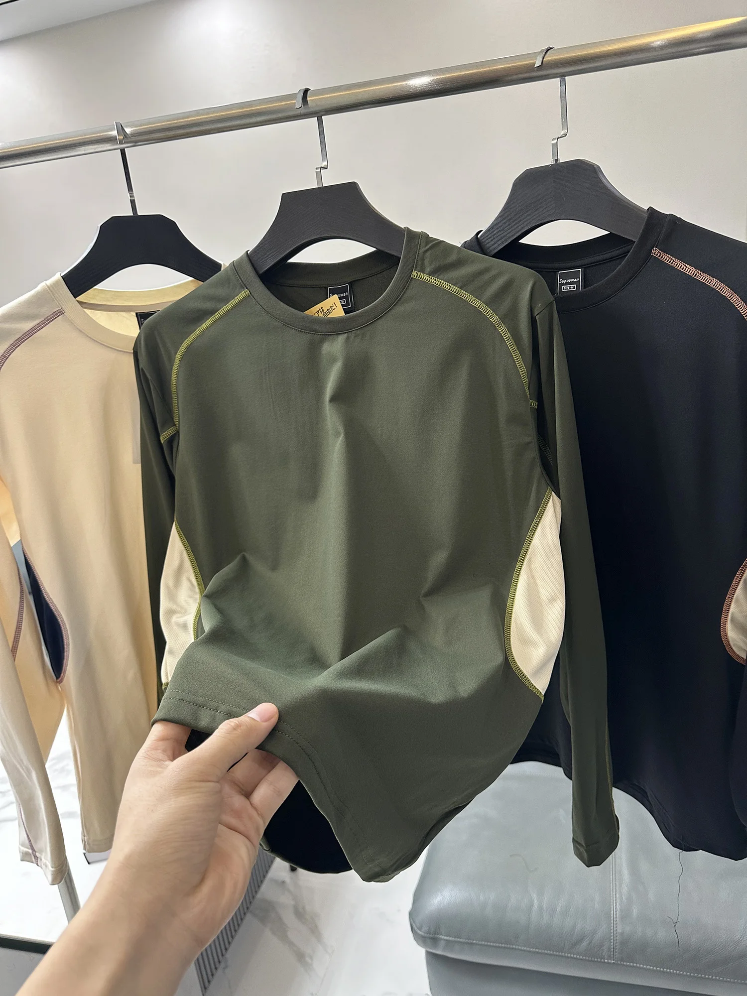 Casual Color Block Long Sleeve T-Shirt Men's Spring Summer round Neck Loose Breathable Sport Outdoor Fashionable Polyester Fiber
