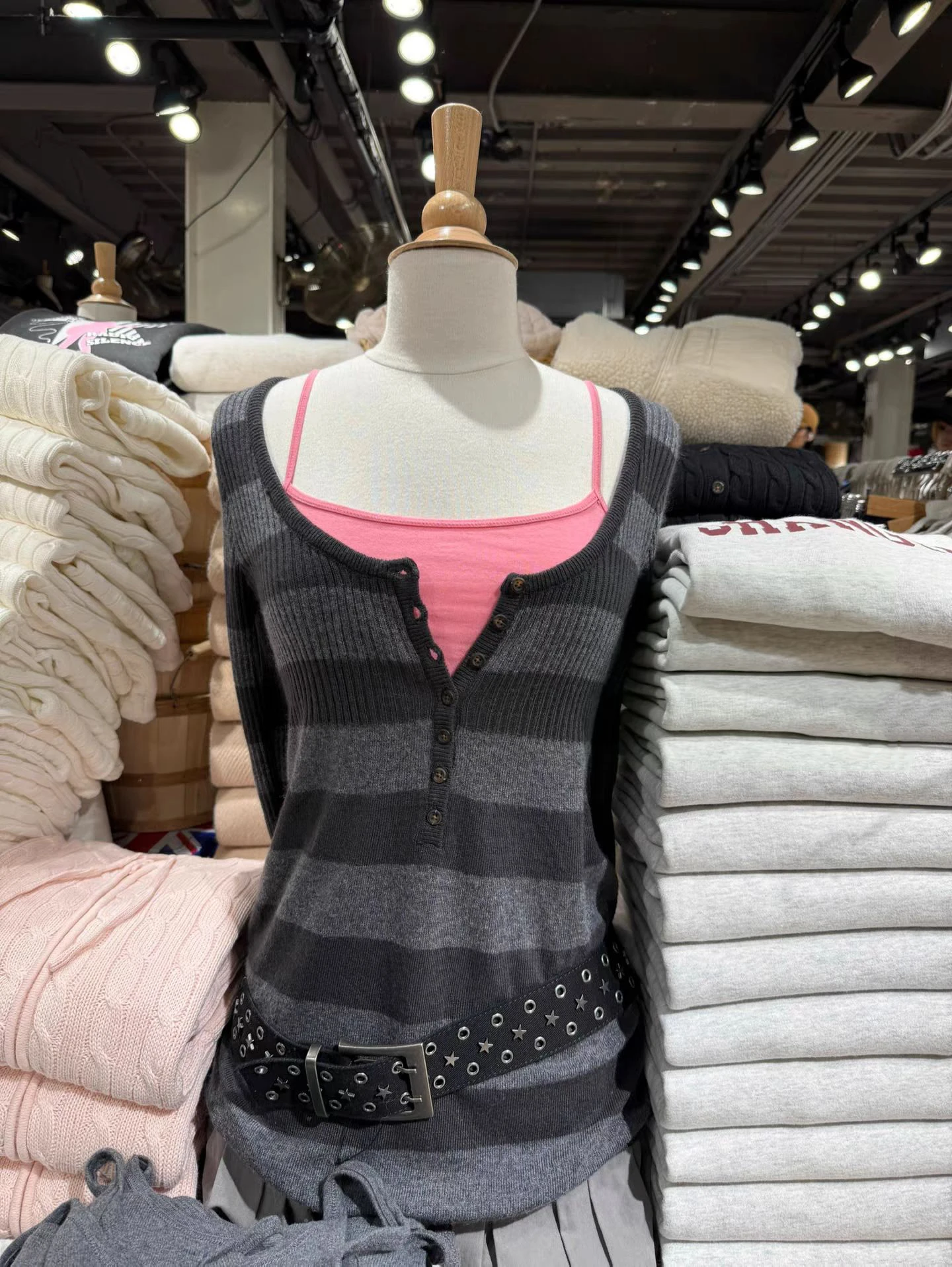 Black Grey Striped Long Knitwear Top Woman Spring Seven Buttons O-neck A-line Cotton Tee Tops American Vintage Knit T-shirts