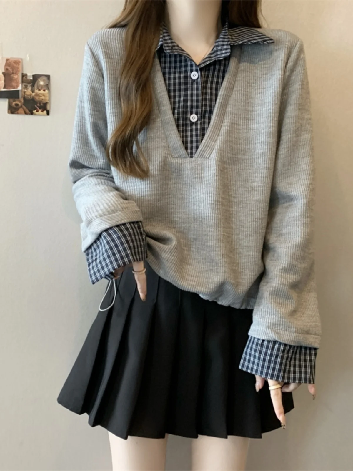 

plus Size Women's Plaid irt Patchwork Loose Fitting Waist Cinching Top High Waist Princ Sle Long Sve Cotton Blend