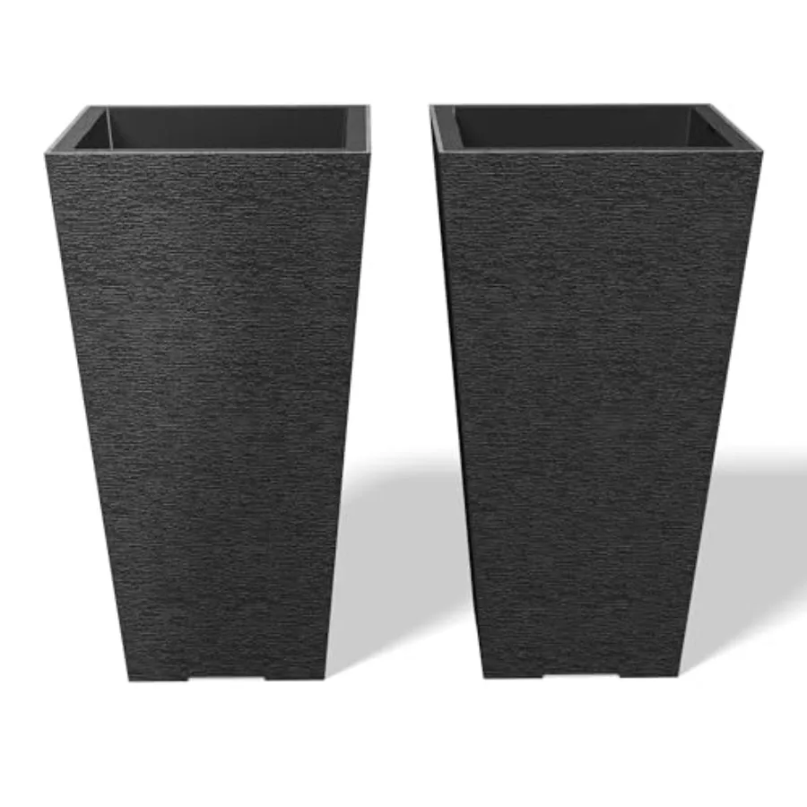 

Outdoor and indoor garden planter set of 2 22-inch tall tapered planters in black metal for patio or front door use