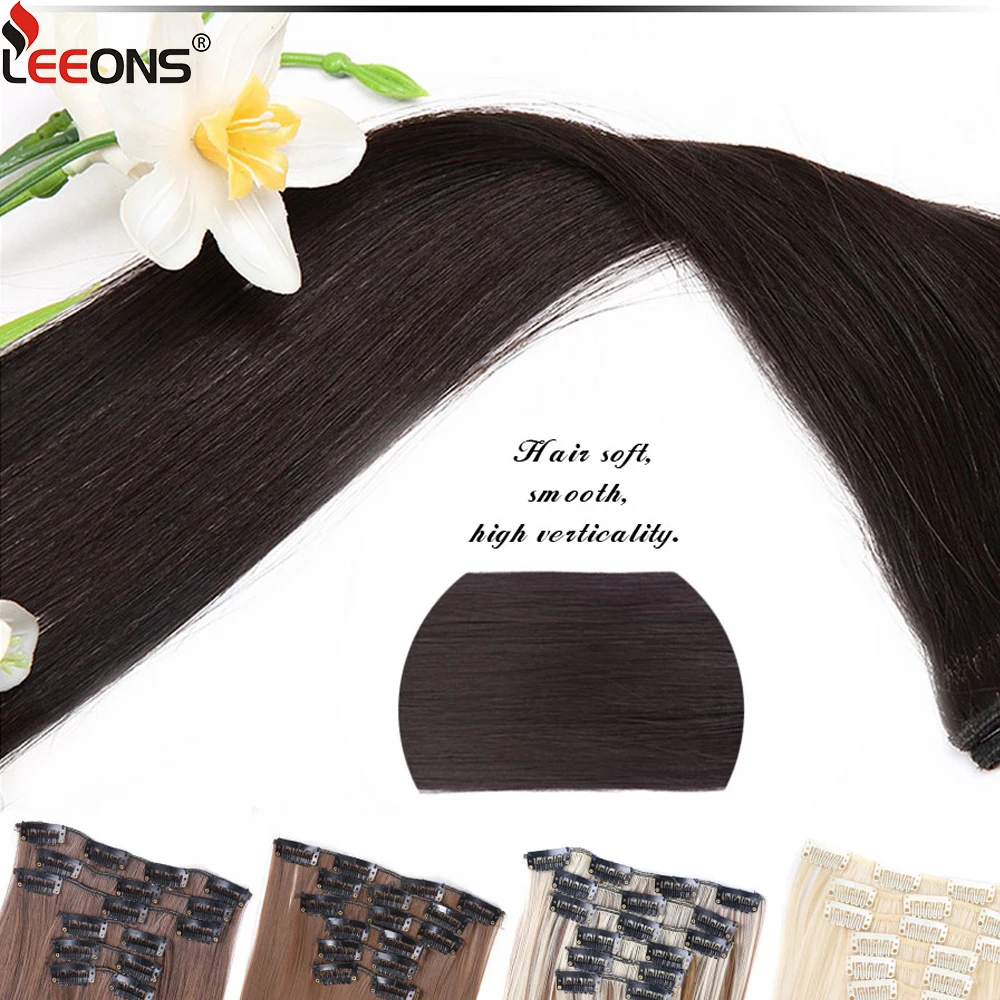 Extensiones de Cabello sintético para mujer, 16 clips, largo, 75Cm, 30 pulgadas, liso, negro, marrón, 6 unids/set, postizo grueso