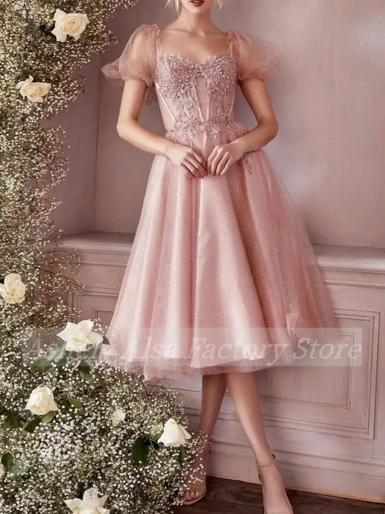 Charming Tea Length Prom Dresses 2024 Short Sleeve Lace Applique Backless Sexy Girl Homecoming Graduation Dress Cocktail Party