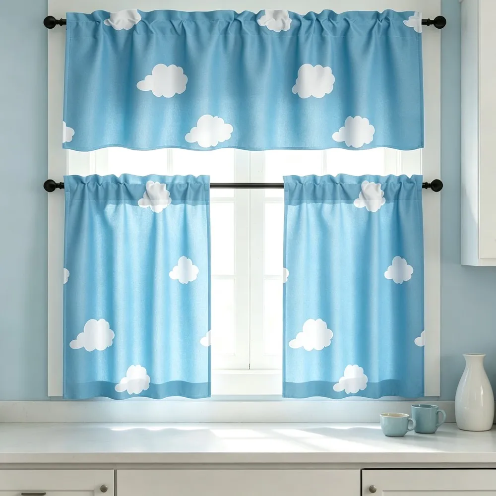Minimalist Kitchen Curtains, Blue Sky White Cloud, Digital Print, Kitchen Dining Room, Rod Pocket Polyester, Home Decor
