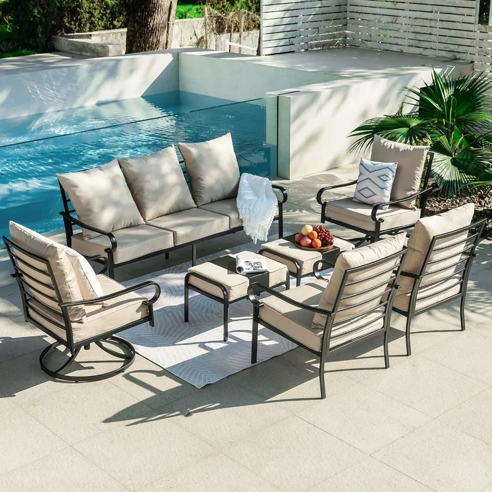 

7-Piece Metal Patio Set – 3-Seater Sofa, 2 Fixed & 2 Swivel Chairs, 2 Ottomans – Outdoor Conversation Set​