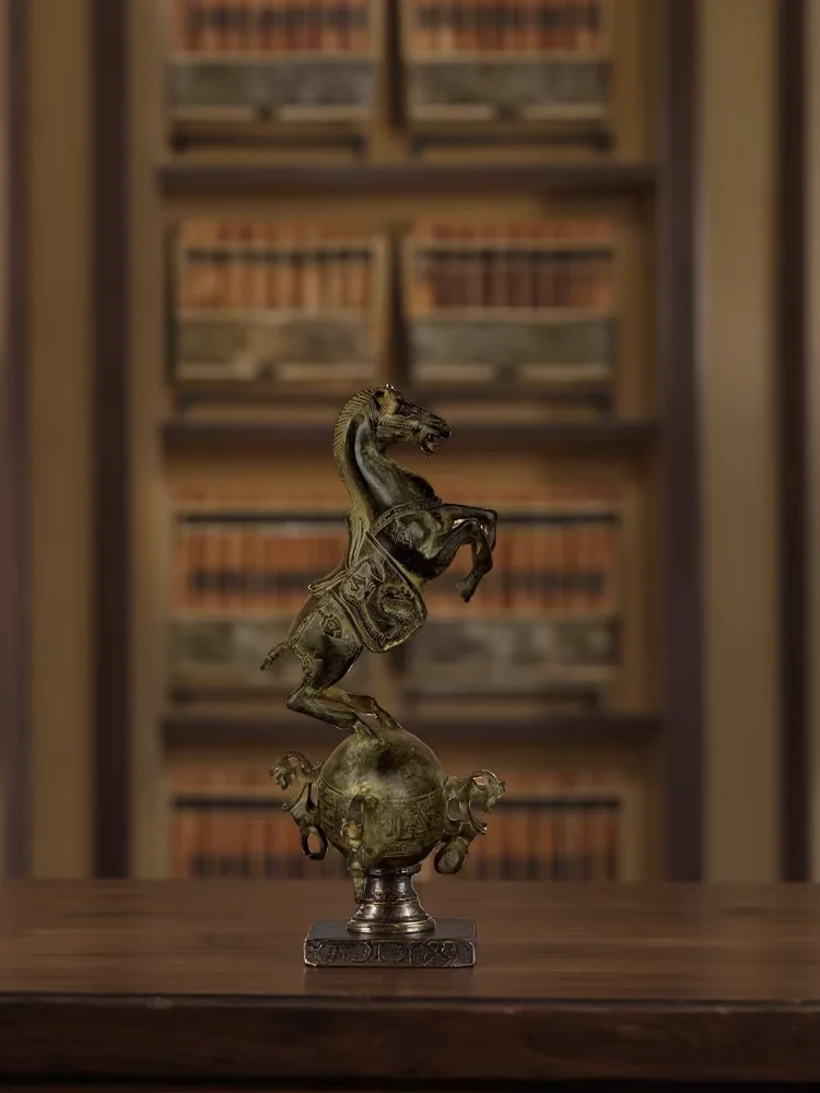 Old Brass Horse riding ball statue The horse treads on the universe Turn the tide study screen Amass wealth Ornaments