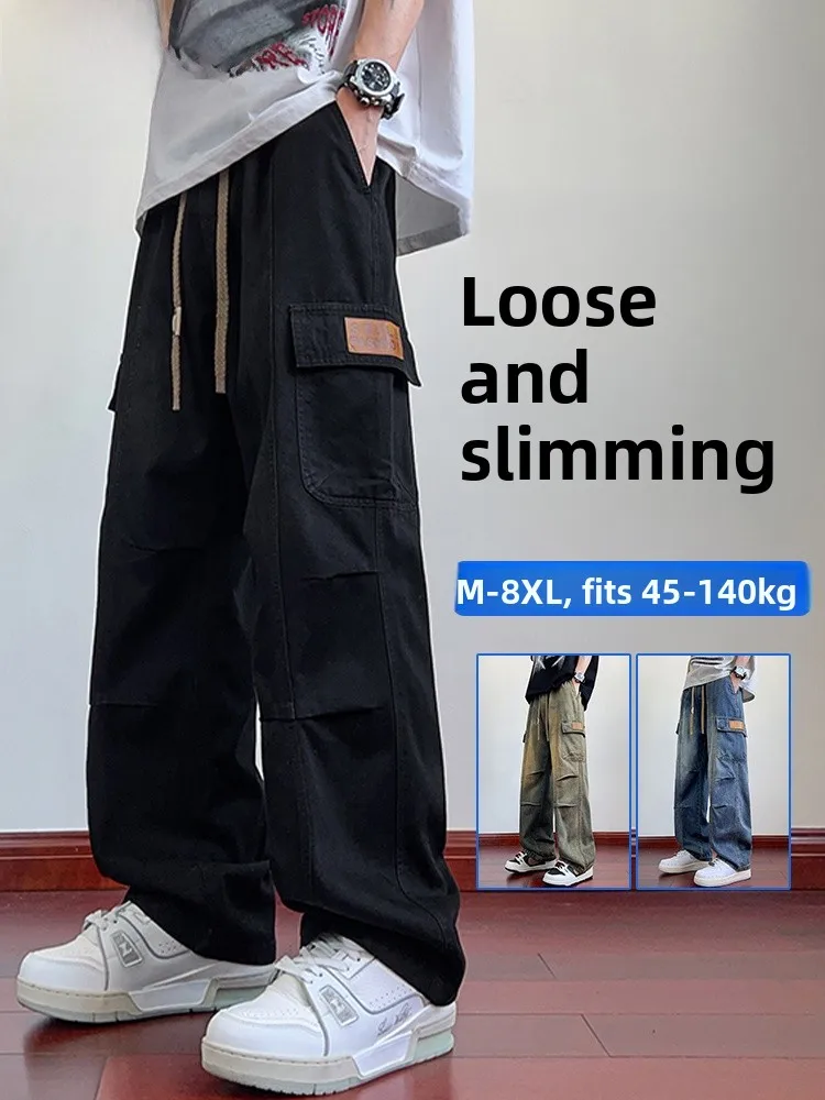 

Мужская свободная широкая рабочая одежда большого размера, джинсы в стиле ретро, американские повседневные прямые длинные брюки из смеси хлопка, джинсовая одежда со средней талией