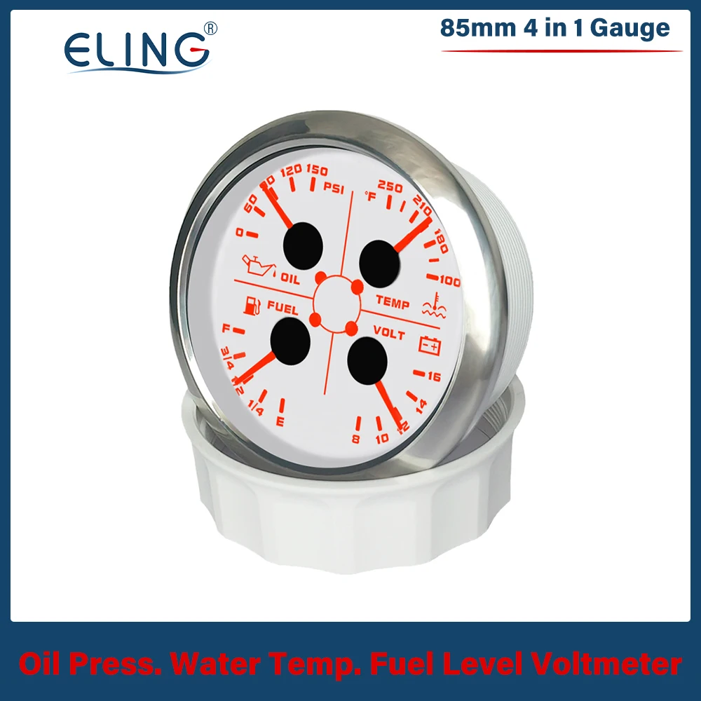 ELING 85mm 4in1 Gauge 0-150PSI Oil Pressure Water Temp Fuel Level 8-16V Voltmeter with Alarm Red Backlihgt for Auto Boat