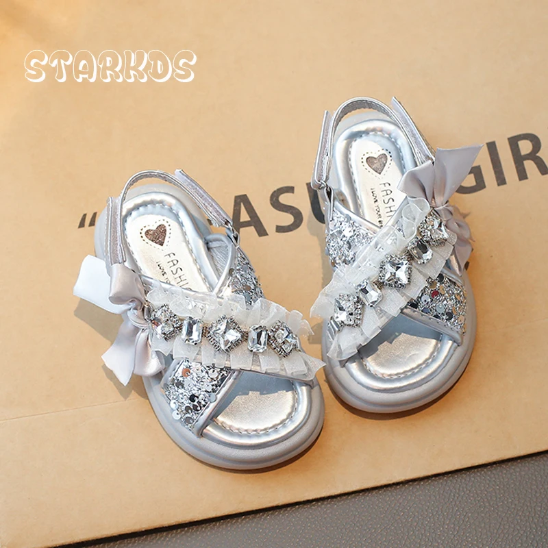 Silver Sequins Bowknot Strap Sandals Kid Girls Luxury Crystal Lace Slingbacks Child Summer Soft Sole Bling Princess Dress Shoes