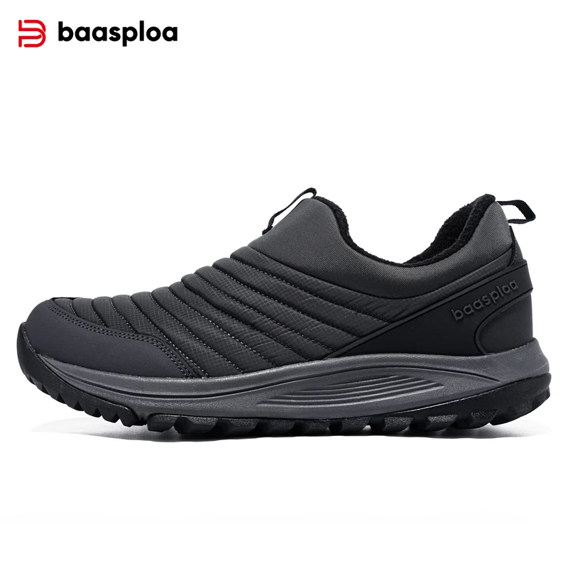 Baasploa Men Winter Casual Shoes Plush Warm Cotton Shoes for Men Comfort Leather Waterproof Walking Shoes Wear Resistant Slip-On