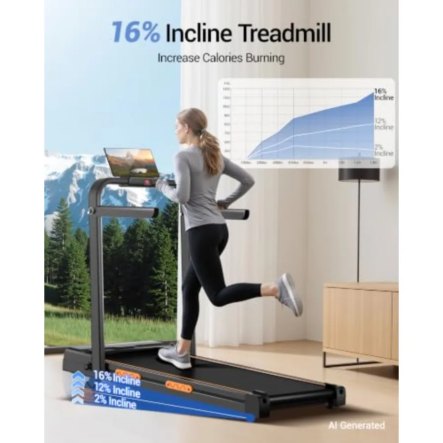 Walking Pad With 16 Incline, 4-In-1 Foldable Treadmill With Handles For Home Use, Steel Frame, Black, Space-Saving Design