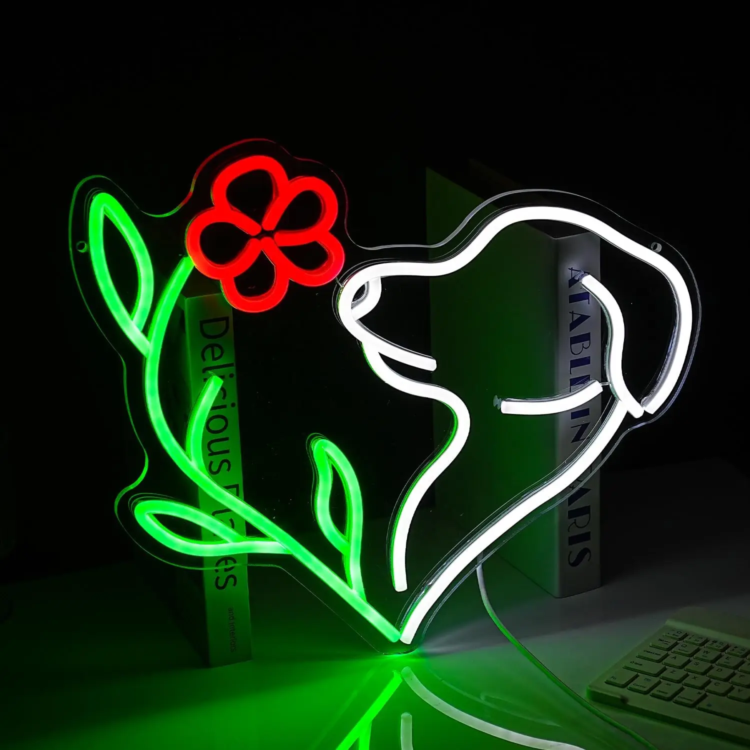 Cute Dog And Flower Neon Light Sign dimmerabile LED Neon Sign per Wall Decor Room Party Pet Shop Club Bar Decor compleanno Art Gift