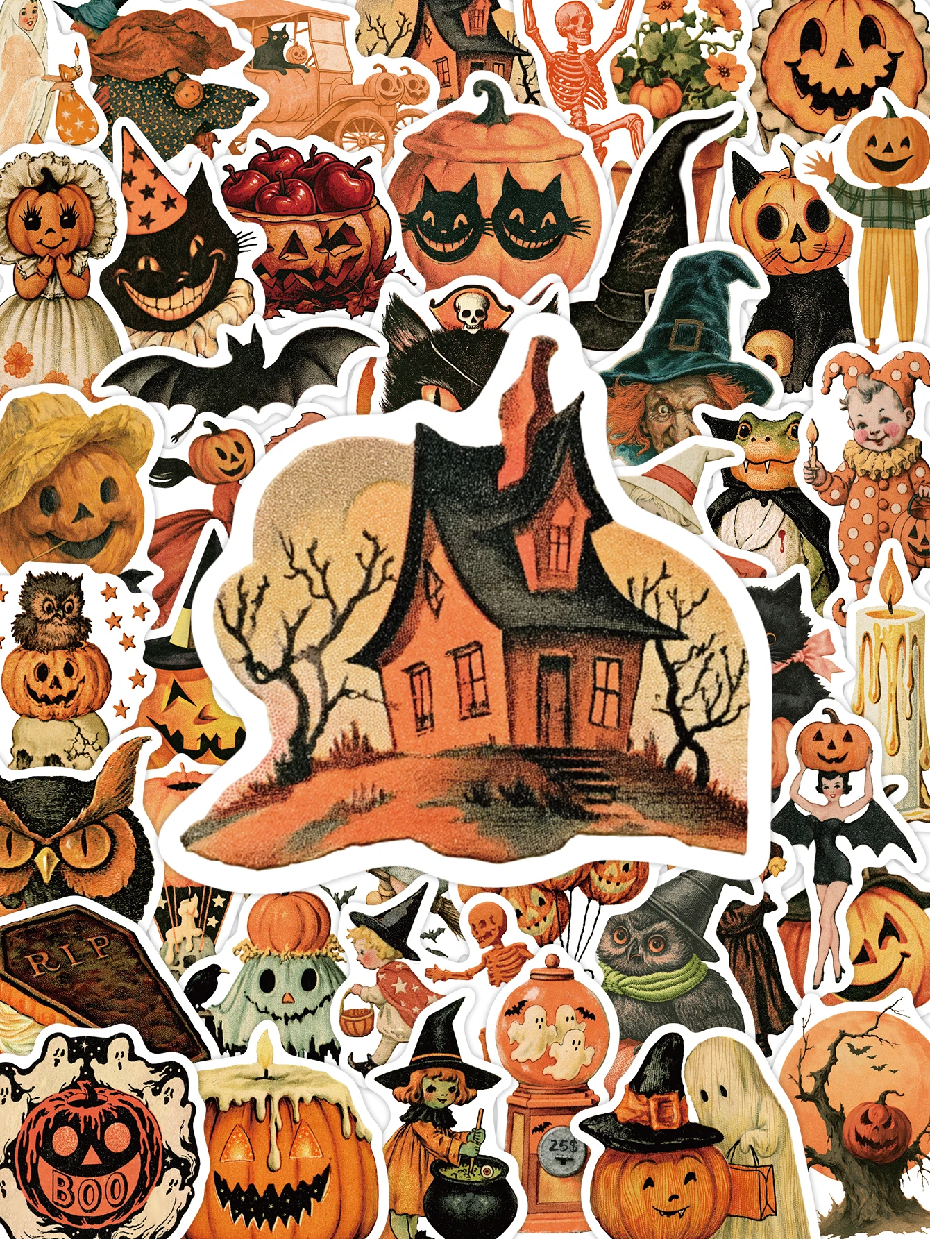 50Pcs Vintage Halloween Sticker Pack Retro Pumpkin Skeleton Ghost Witch Waterproof Decals for Laptop Water Bottle Luggage Guitar