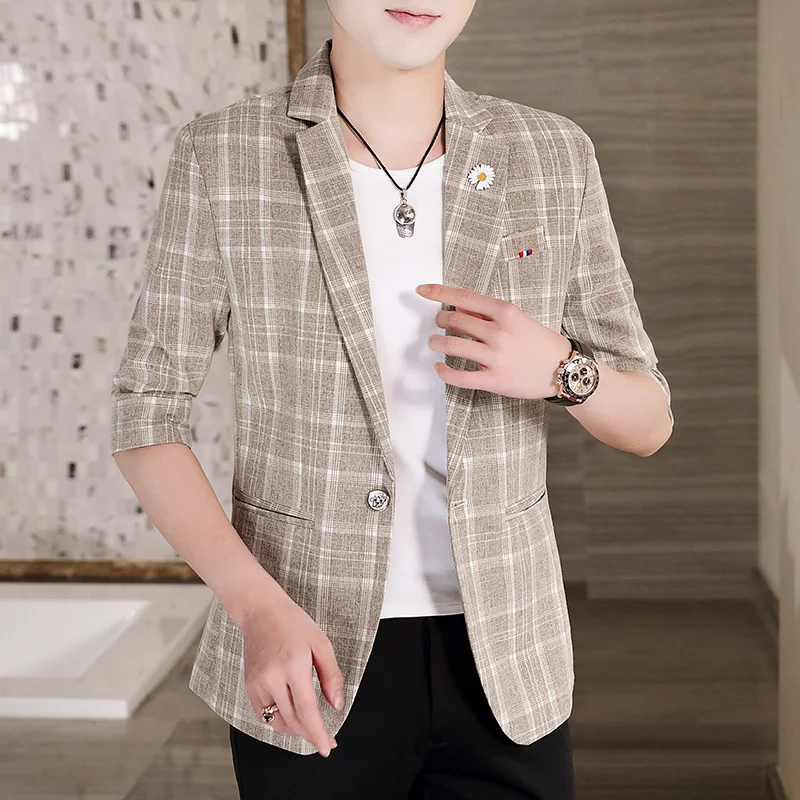 

Summer Men's Plaid Slim Fit Single Piece Top irt Seven Sve Casual Haome Small Suit Korean Sle Waistcoat Jaet