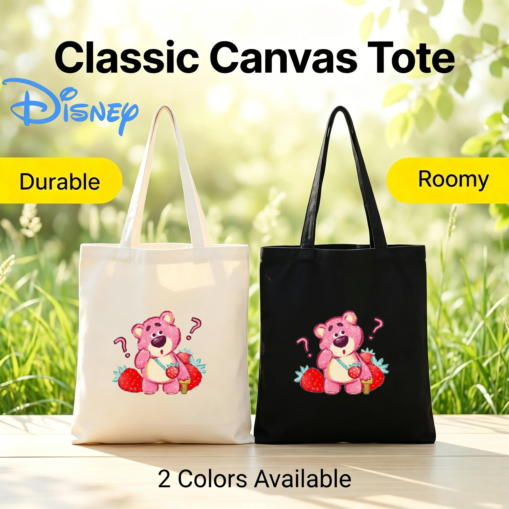 

1PC Disney Toy Story Lotso Bear Confused with Strawberries Print Double-Sided Canvas Shoulder Bag Eco Handbag