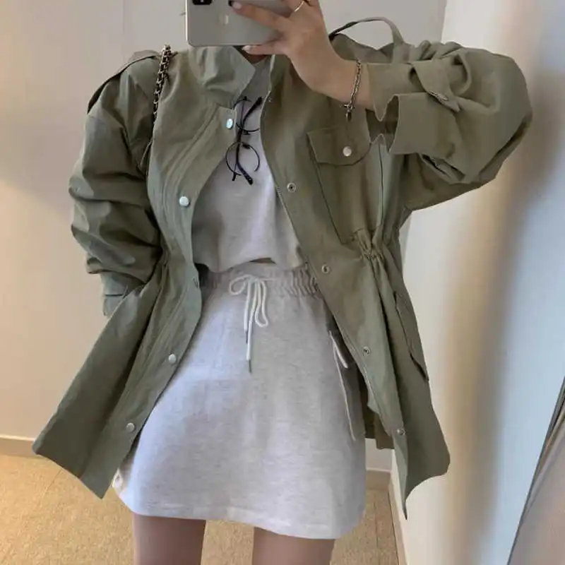 

Retro Temperament Lapel Fashionable Trench Coat For Women In Autumn, Zipper Style Concealed Button Pleated Versatile Loose Jacke