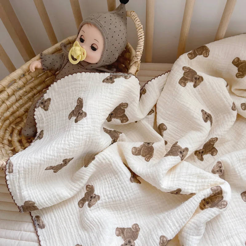 Printed Teddy Bear Super Soft Cotton Muslin Blanket,Lovely Baby Swaddle, Newborn Wrap Bath Towel, Baby Receiving Blanket