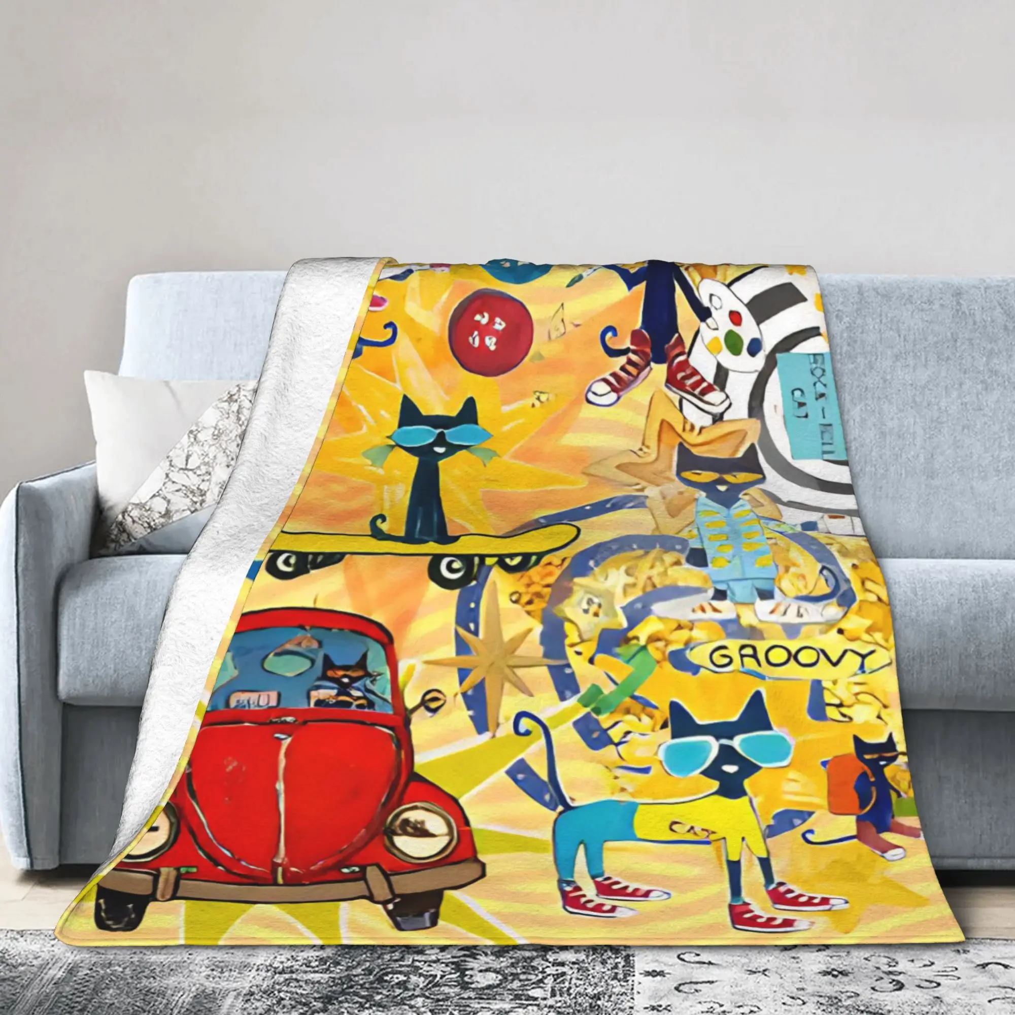Pete the Cat  Cool Kitten Blanket Cartoon  Flannel Vintage Soft Throw Blanket for Home Autumn/Winter
