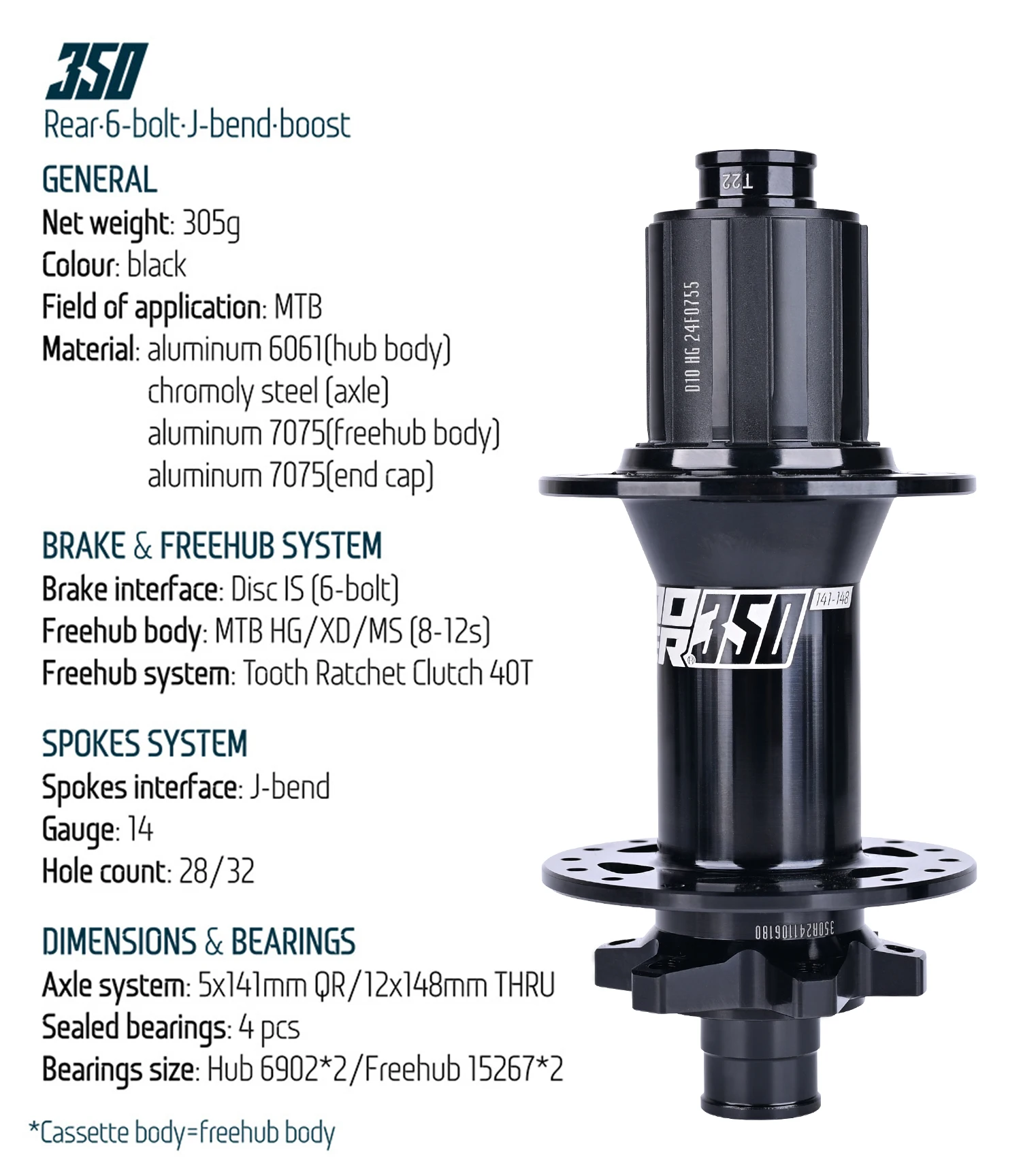 Koozer 350 Boost 40T/60T Ratschen-Fahrradnabe 11–12 Gänge HG XD 28H 32H Cr-Mo-Stahlachsen 5×141 QR 15×110 12×148MM MTB-Fahrradnabe – Detail 4