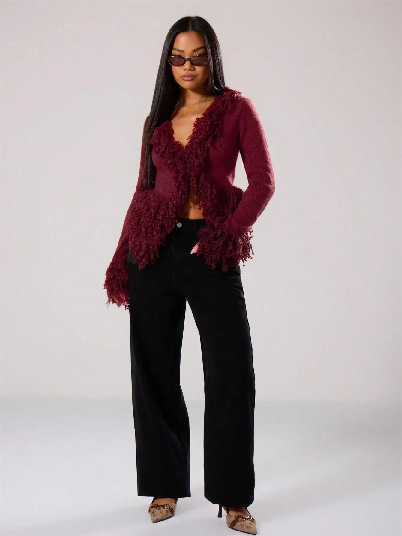 Womens V Neck Shaggy Fringe Trim Knit Cardigan Mob Wife Vampy Dark Romance Aesthetic Long Flared Cuffs Sweater Jacket Solid Deep Wine Cabernet Burgundy Red Hook Eye Front Closure Looped Peplum Hem For Fall Winter Evening Date Night Outfits Christmas Gift