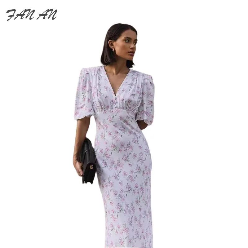 

Fashionable Short Sleeved Floral Dress 2024 Summer Early Autumn New V-neck Shoulder High Waist Long Floral Versatile Dress