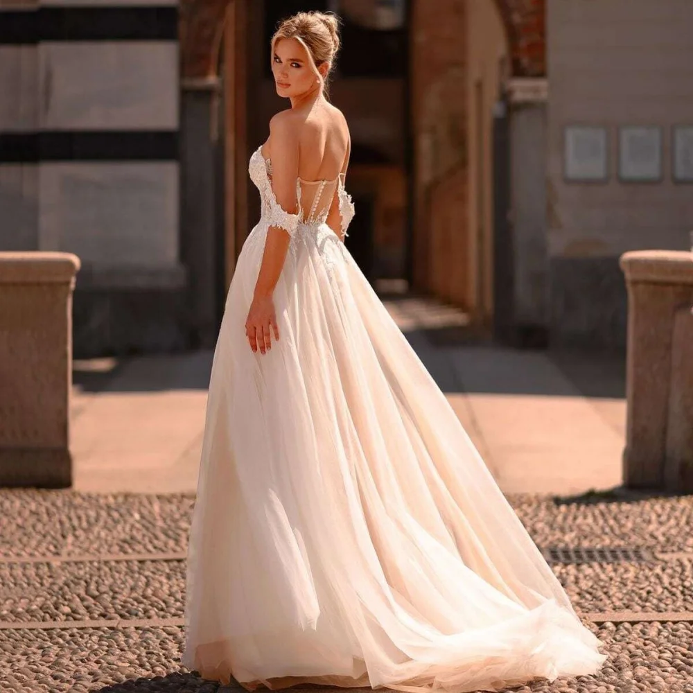 Customized Boho Tulle A Line Wedding Dresses Applique Sweetheart Bride Dress Off Shoulder Bridal Gowns Vestidos De Novia
