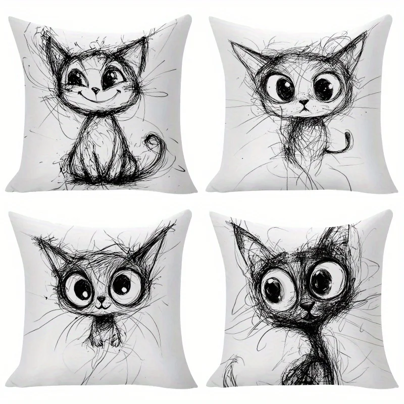 4pcs Hand-Painted Cat Pattern Pillow Covers, Single-Sided Print, Multiple Sizes, Zipper Closure, Easy-Care Fabric for Bedroom an