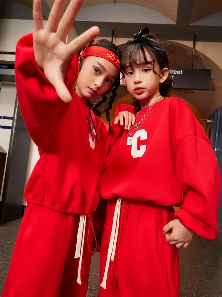 Sportswear Boys Girls Ballroom Hip Hop Dance Clothes 2023 Chinese Style Jazz Dance Costumes For Kids Red Outfits Hiphop