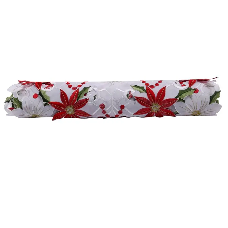 ABKW-10X Christmas Embroidered Table Runner, Luxury Holly Poinsettia Table Runner For Christmas Decorations, 15 X 70 Inch