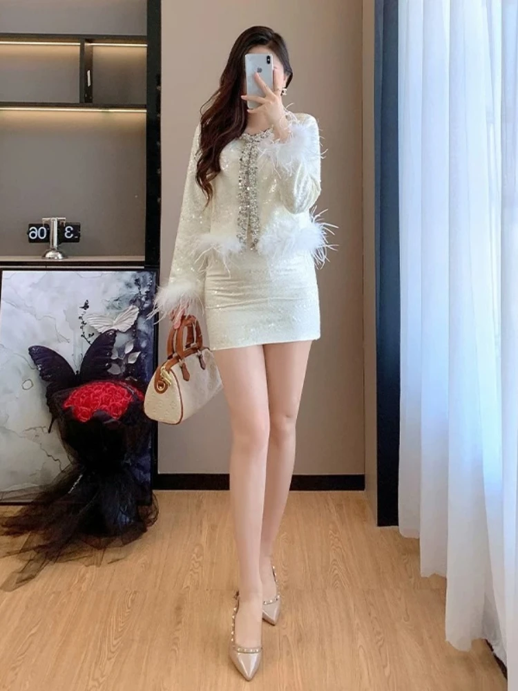 Elegant Chic Jacket Heavy Craft Fur Spliced Short Outerwear Women Winter Light Luxury High Youthful Refined Beaded Sequin Suit view 2