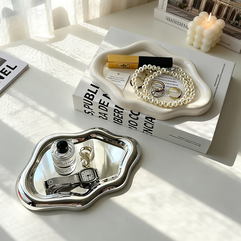 Mirror Silver Wavy Cloud ABS Jewelry Tray Irregular Wave Trinket Dish For Cosmetic Rings Watch Bedroom Vanity Table Decor