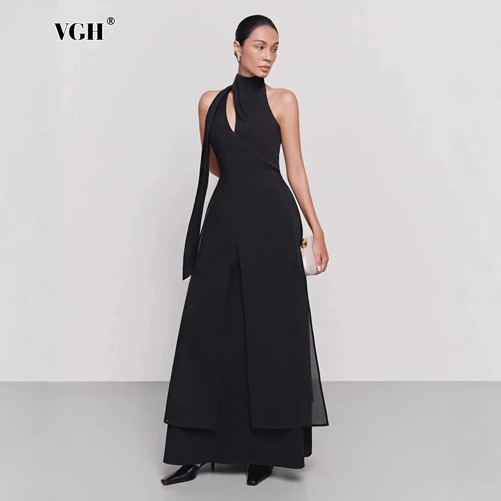 

VGH Temperament Hollow Out Solid Long Dress For Women Stand Collar Sleeveless Tunic Elegant Design Sense Long Dress Female New