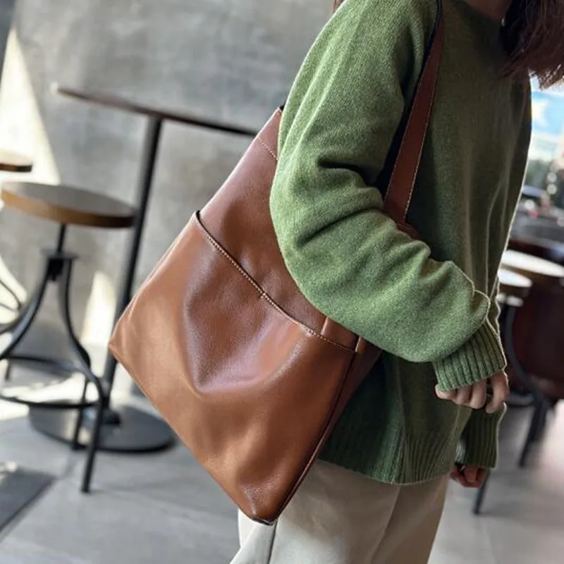 2024 new leather shoulder bag women soft head layer cowhide large capacity Tote bag lazy shopping bag