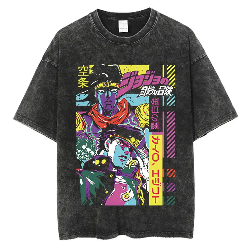 Anime JoJos Bizarre Adventure Washed Tshirts Hip Hop Retro Punk Vintage T Shirt Harajuku Cotton Summer Short Sleeve Top Tee