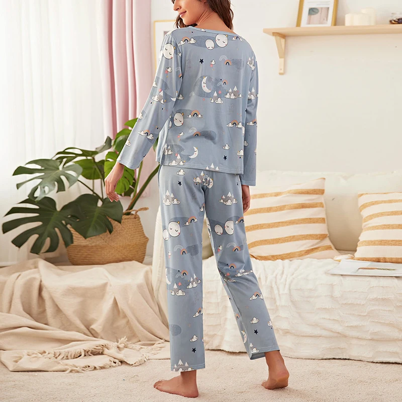 Star & Moon Print Pajamas for Women Long Sleeve Crew Neck Top & Elastic Waistband Pants Pajama Ladies Sleepwear Loungewear Suit