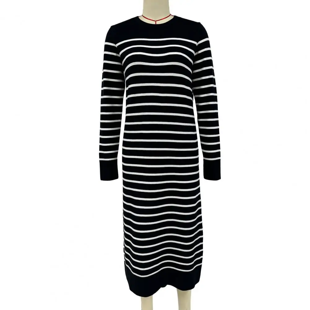 Vestido midi com estampa listrada feminino, estilo simples, gola redonda, slim fit, mangas compridas, malha, elegante, outono, primavera