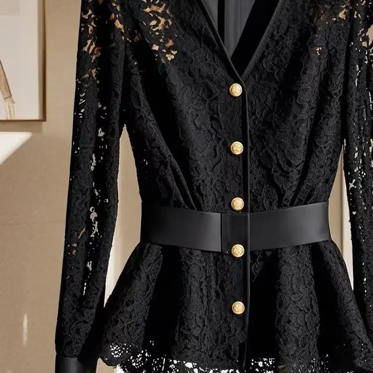 Celebrity light and familiar temperament feminine long-sleeved lace slim-fit shirt women's new high-end V-neck chic lace shirt