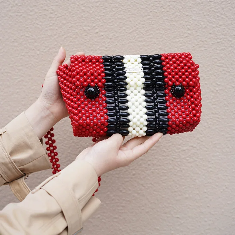 

Handmade Acrylic Beaded Weaving Women's Shoulder Bag 2024 New Black White Red Combination Color Crossbody Bags Customization