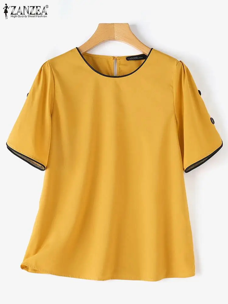 ZANZEA Elegant Women Buttons Blouse Korean Office O-neck Basic Tops 2024 Summer Casual Solid Blusas Fashion Short Sleeve Shirt