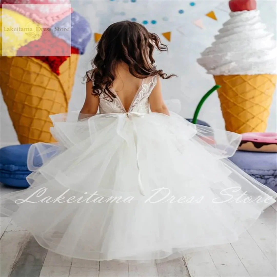 

Flower Girl Dresses Tulle Puffy Appliques Tiered Sleeveless For Wedding Birthday Party First Communion Gowns