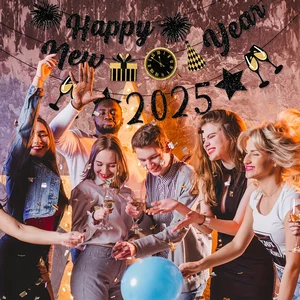 2025 yılına mutlu yıllar, afiş alfabesi, havai fişek gösterisi için siyah altın parıltılı afiş, yılbaşı partisi satıcısı için siyah ve bir gün önceki partiden süslemeler 1 Numaralı havai fişek partilerinin 6 büyük satışı