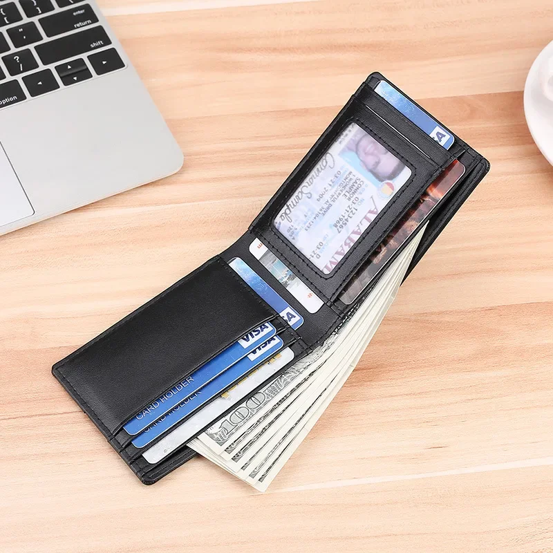 Airtag Business Genuine Cow Leather Men Bifold Thin Wallet RFID Blocking Credit Bank Card Holder with ID Window Male Purse Black