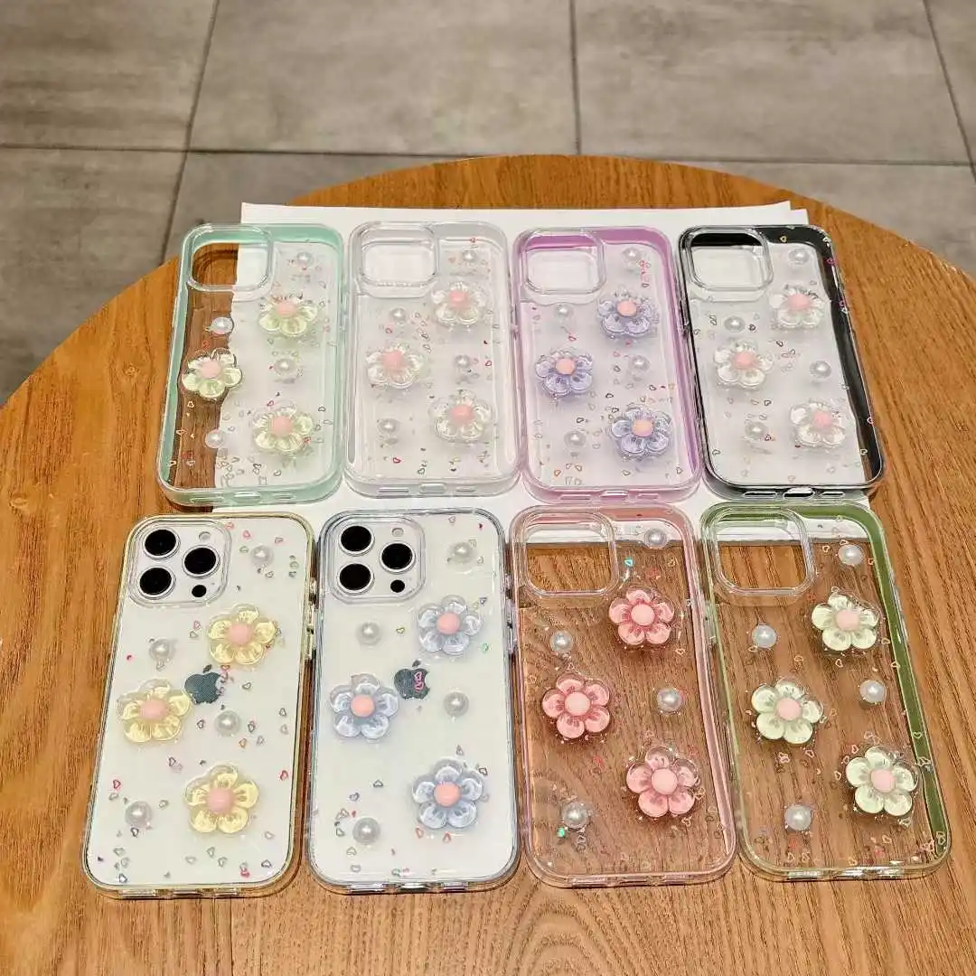 

Cute 3D Flower Glitter Phone Case For iPhone 16 15 14 13 12 11 Pro Max Plus 2025 Korean Girl Soft Cover Epoxy Clear Shell﻿﻿