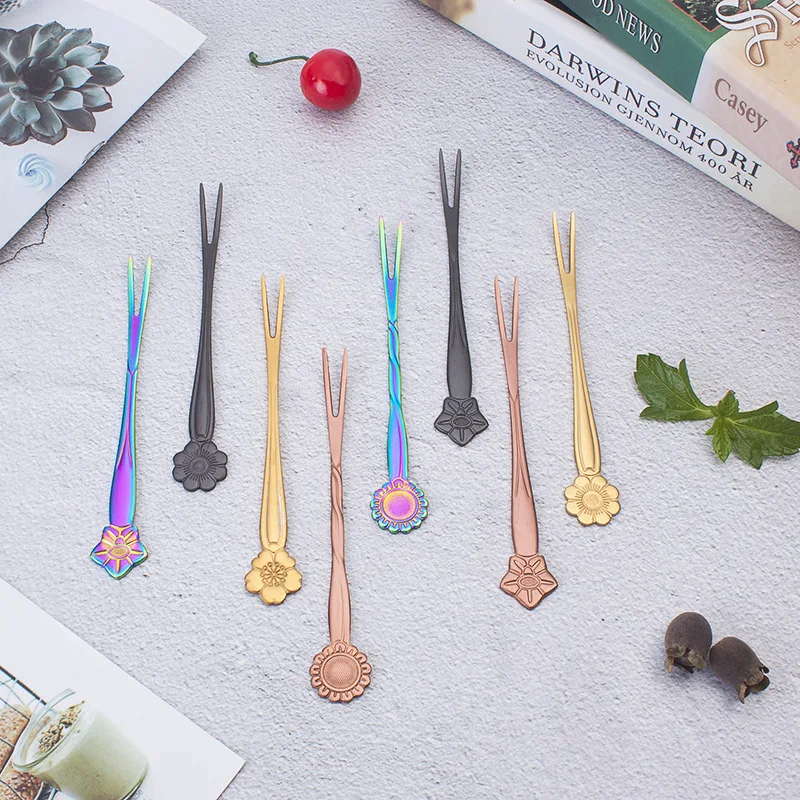 Stainless Steel Flower Handle Dessert Fork Two-tooth Fruit Fork Household Cake Dessert Moon Cake Fork Rainbow Fork