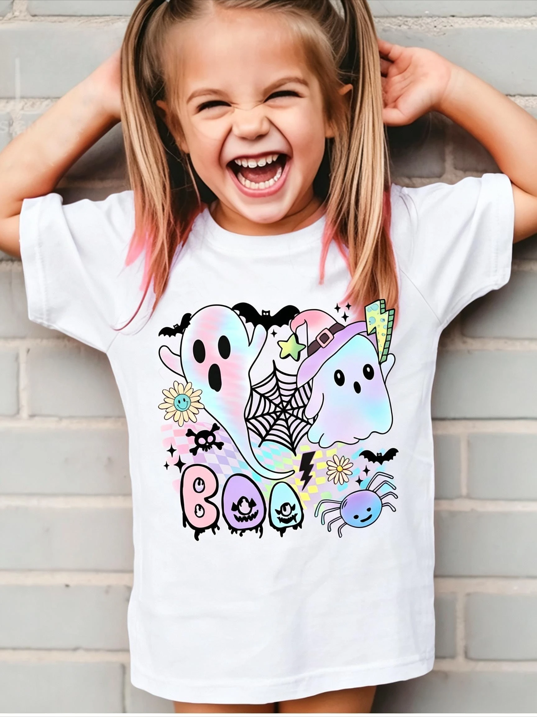 Item No.TD5185 Kids T-shirt, Halloween Cute Twin Ghost Spider Web Print, Round Neck Short Sleeve Unisex Boys Girls Casual Tops