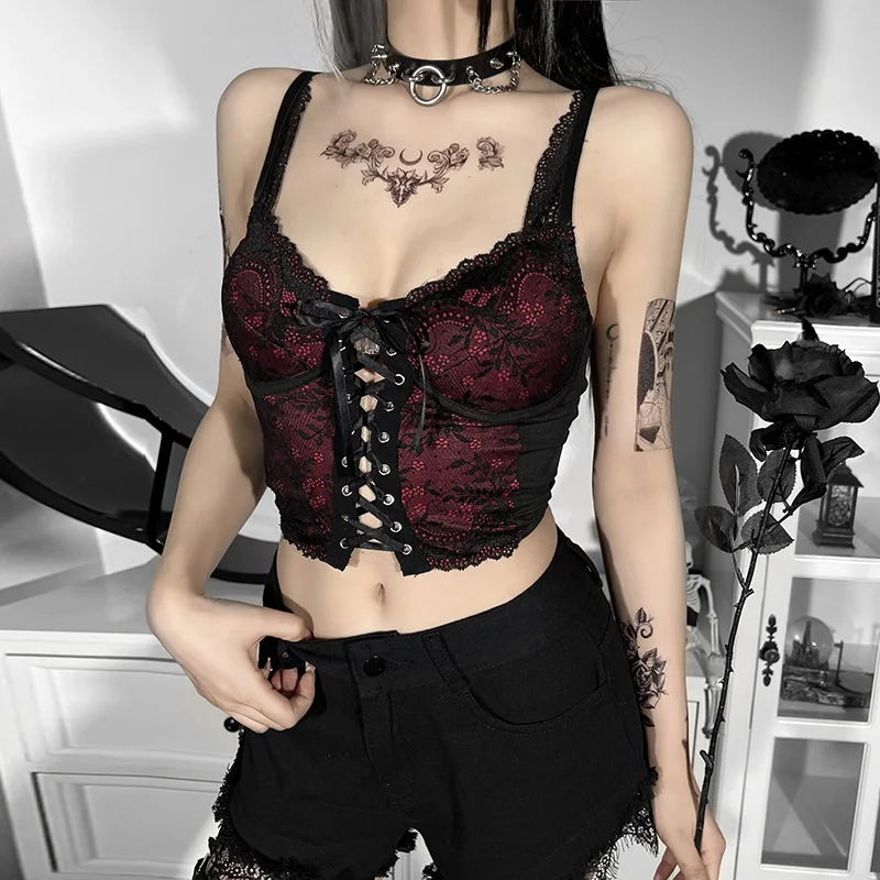 

Gothic Black Women Sexy Spaghetti Straps V-Neck Backless Camisole Goth Punk Sleeveless Eyelet Lace Up Party Tank Corset Top