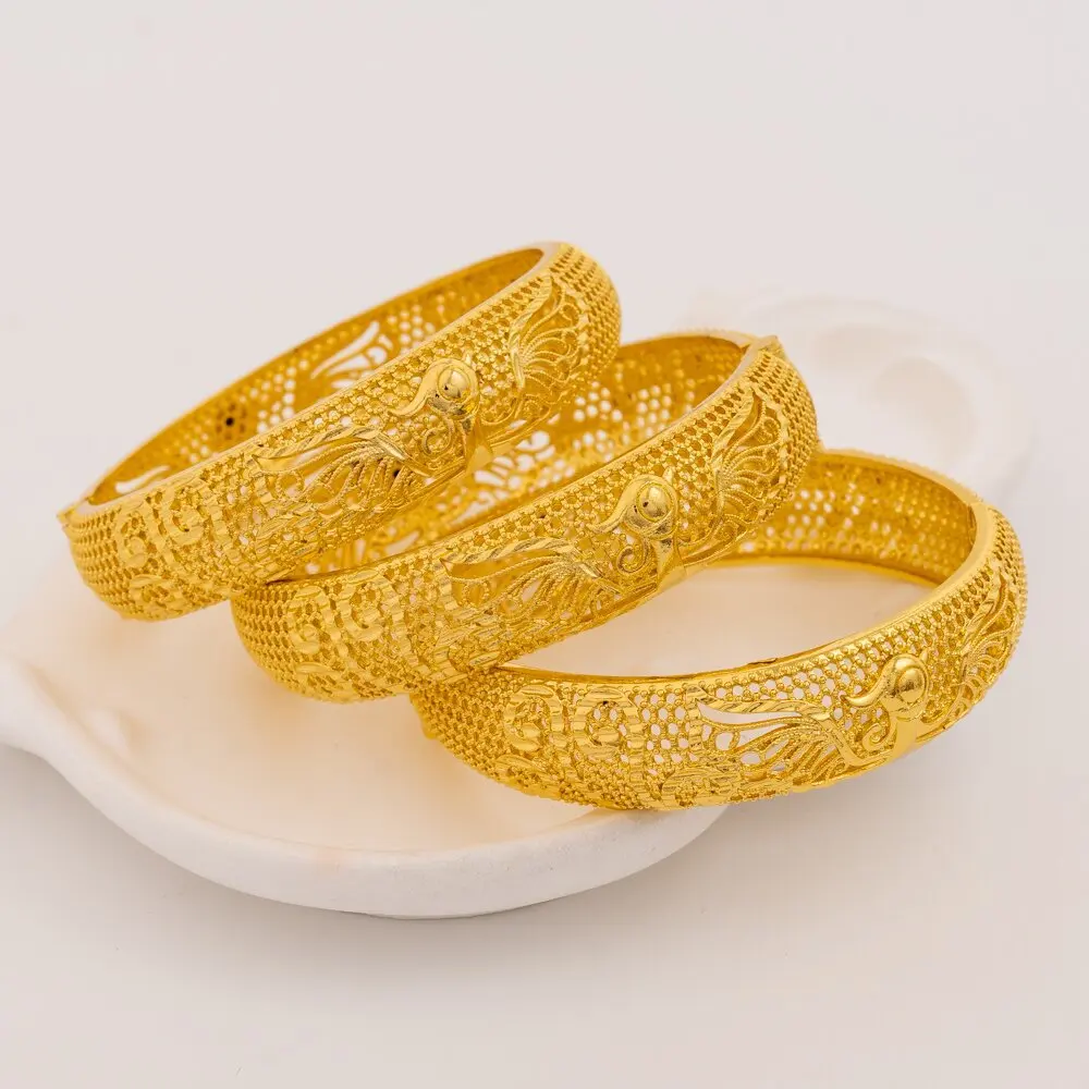 Hollow Clasp Peacock Bangle Women 24K Gold, AU999 - Lively Hollow Peacock, Easy Clasp, Gold Enhances Feminine Elegance