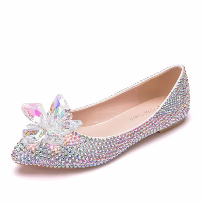 Cindrella Crystal Glass Wedding Shoes For Bride Silver Dazzling Slip-Ons Beige Sole Luxury Designer Flats With Box 26.5cm 34-43