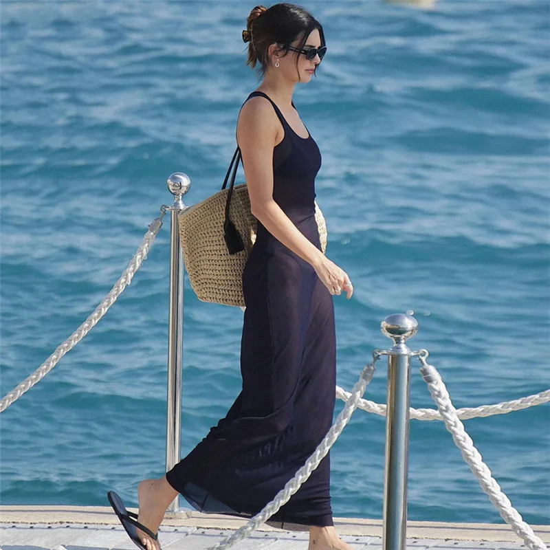 DSMTRC Blu scuro Basic senza maniche trasparente O-collo Abiti da canotta in rete sexy Vacanza al mare Abito casual slim streetwear per donna