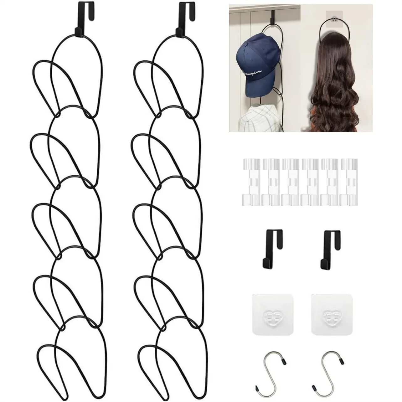 10 Pack Hat Rack Hanger for Closet Storage, Hanging Baseball Cap Organizer with Hooks for Scarves Handbags Towels, Black